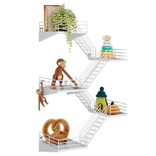 Fire Escape Shelf - 5 Tier Large White Metal Fire Escape Wall Shelves with Baskets, New York Action Figurine Display Shelf, Unique Rustic Floating Decorative Wall Shelves for Home - color: E-white-2 5 Tier, size: 5 Tier
