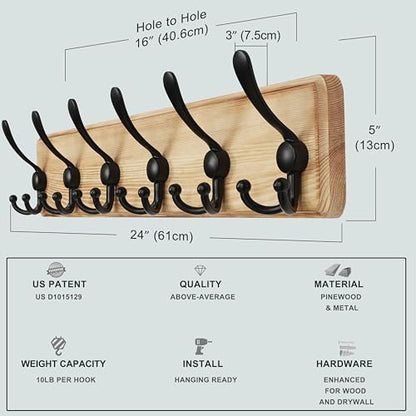 Dseap Coat Rack Wall Mounted - 24" Long 6 Tri Hooks, Heavy Duty Wooden Wall Coat Hanger Coat Hook for Clothes Hat Jacket Clothing, Weathered Light Natural and Black - color: Light Brown & Black, size: L=24"
