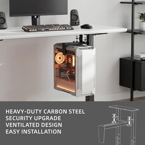 Adjustable Under Desk PC Mount, Clamp & Drill CPU Holder, 66LBS Capacity with Anti-Fall Baffle & Anti-Slip Pads for Standing Desk, Black