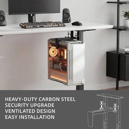 Adjustable Under Desk PC Mount, Clamp & Drill CPU Holder, 66LBS Capacity with Anti-Fall Baffle & Anti-Slip Pads for Standing Desk, Black