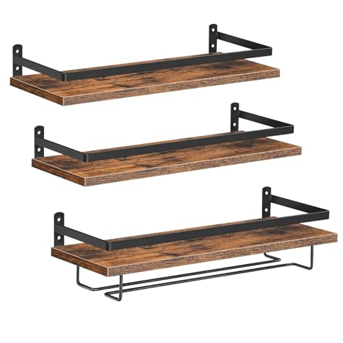 HOOBRO Wall Mounted Wine Rack 3 Pack, Wine Rack with Glass Bottle Holder, Hanging Wine Shelves with Stemware Hanger, Wine Display Storage Rack for Home Bar, Kitchen, Dining Room, Rustic Brown BF34BJ01