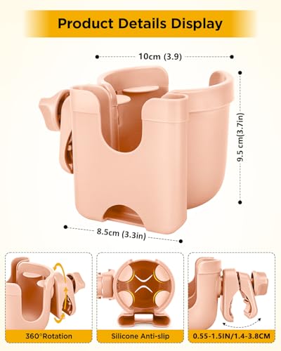 Universal Stroller Cup Holder with Mobile Phone Case, 2-in-1 Strollers Storage Rack, 360 Degrees Rotation Drink Holder for Bike, Pushchair, Wheelchair, Walker,Bicycle, Fits Most Cups (Pink) - color: PINK
