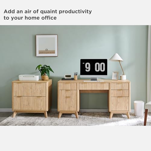 T4TREAM 60'' Fluted Executive Desk with Drawers, Modern Home Office Computer Desk with Charging Station, Keyboard Tray, File Drawer and Storage Cabinet for Study, Living Room, Bedroom, Natural Oak - color: Natural Oak