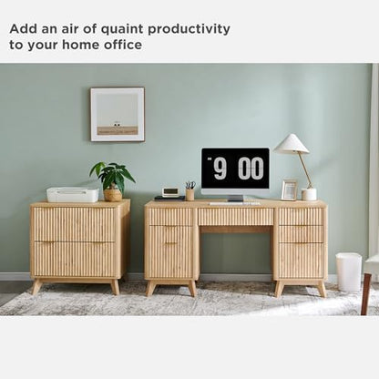 T4TREAM 60'' Fluted Executive Desk with Drawers, Modern Home Office Computer Desk with Charging Station, Keyboard Tray, File Drawer and Storage Cabinet for Study, Living Room, Bedroom, Natural Oak - color: Natural Oak