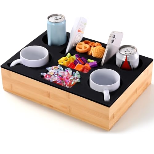 Yerliker Couch Cup Holder Tray, Silicone Lining Couch Caddy Waterproof Anti-spill Sofa Cup Holder for Bed Car Seat Organizer, Hold Mugs, Drinks, Snacks, Phones, Remotes(Rectangle,Black,Bamboo) - color: Black, size: Bamboo