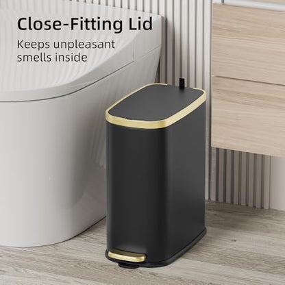 KUK Small Bathroom Trash Can with Lid Soft Close, Step Pedal, 2.6 Gal Stainless Steel Garbage Can with Removable Inner Bucket, Anti-Fingerprint Wastebasket for Office, Bedroom, Toilet (Black) - color: Matt Black-J-P