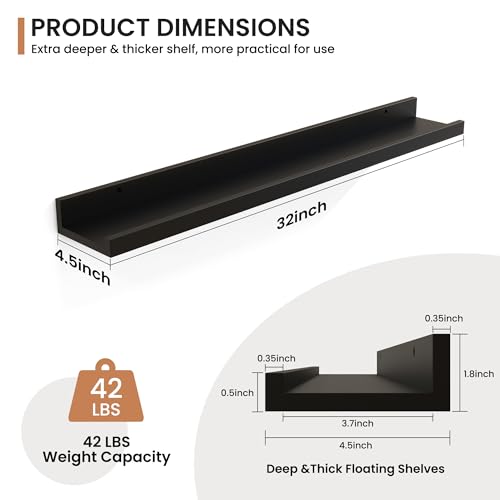 Fun Memories Picture Ledge Shelves Set of 2, 32 Inch Rustic Wall Mounted Floating Shelves with Lip for Home Storage and Décor in Bathroom, Kitchen, Nursery, Bedroom, Living Room, Black - color: Black, size: 32 inch, Set of 2