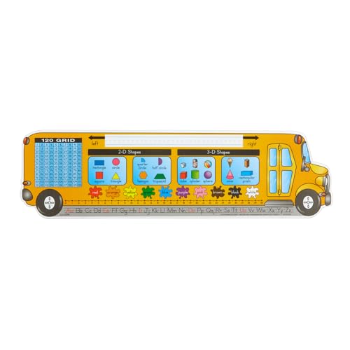Really Good Stuff 24PK Zaner-Bloser Bus Shaped Self-Adhesive Vinyl Desktop Reference Nameplate with Alphabet, Numbers, 2-D 3-D Shapes, Colors, Left Right Directions, Number Line, 120-Grid - color: School Bus