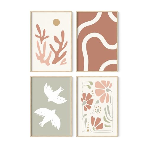 HAUS AND HUES Boho Wall Decor - Set of 4 Mid-Century Modern Art Prints, Neutral Botanical Art, Coral & Boho Wall Decor | Beige Framed 24x36 - color: Coral and Green, size: 24x36, style: Beige Framed