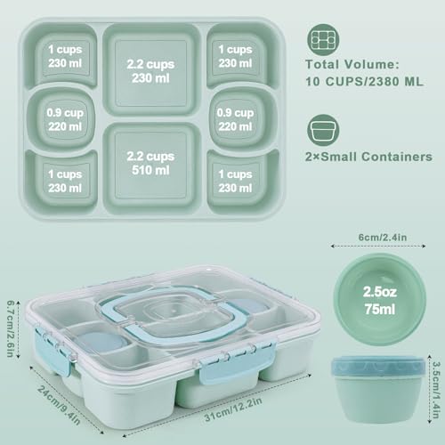 Large Snackle Box Container with 2 Sauce Cups, 8-Compartment Divided Serving Tray with Lid & Handle, Portable Snack Tray for Travel Picnic, Leak-Proof, Dishwasher Safe, BPA-Free - color: Green