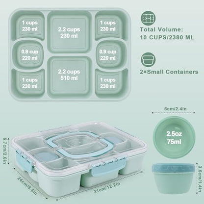 Large Snackle Box Container with 2 Sauce Cups, 8-Compartment Divided Serving Tray with Lid & Handle, Portable Snack Tray for Travel Picnic, Leak-Proof, Dishwasher Safe, BPA-Free - color: Green