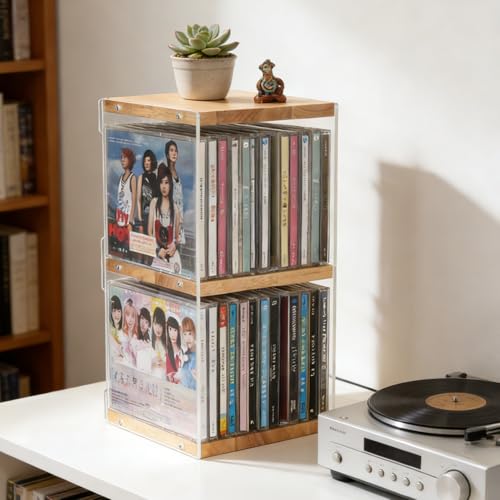 Rainmae CD Holder Desk Rack Organizer, Wooden CD Holder Stand, CD Storage Rack, Game Disc Display CD Organizer Desk Stand Protection Storage Cube, Fit for Theatre Room Collectibles Holds 24 CD Case - size: S