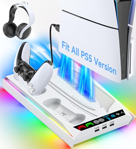 Rysker PS5/Slim/Pro Cooling Station with Quiet Cooling Fan and Fast Controller Charger for Disc & Digital Console, PS5 Accessories Incl. 3 USB Ports, Screw and Headset for PlayStation 5 Case - color: Deep White