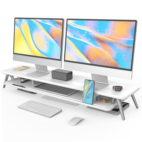 Fenge Dual Monitor Stand, Monitor Stands Riser for 2 monitors, 42.5 Inch Wood Desk Shelf with Storage Organizer and Cable Management for Office Desk Accessories - color: White, size: 42.5 Inch