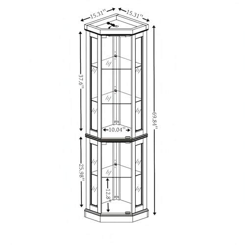 70" Lighted Corner Curio Cabinet,Inside Mirror Corner Glass Display Case with Tempered Glass Door for Living Room, Antique Collectibles, Wine & Bar Glass Storage, Lights Included - color: Black, size: Style-A