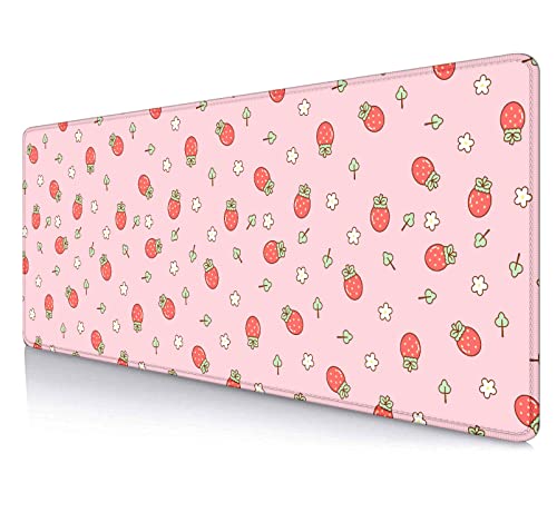 Pink Cute Desk Mat, Strawberries Mouse Pad XL, Aesthetic Hearts Desk Pad, Pastel Kawaii Deskmat, Laptop Office Gaming Computer Home Mice Mat Mousepad Stylish Office Gift, 31.5 X 11.8 Inch - color: Pastel Strawberry