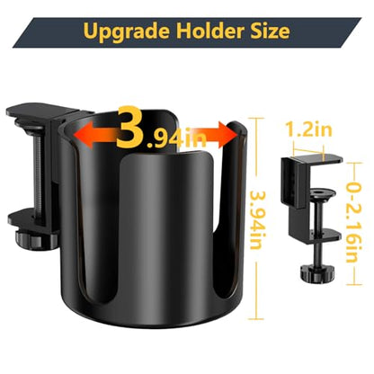 Desk Cup Holder Clip On with Buckle Clamp,Deeper Anti-Spill Drink Table Holder for Water Bottles & Coffee Mugs,Adjustable Large Metal Clamp Fits Desks for Office & Gaming,Home,Black - size: 3.94"L x 3.94"W x 3.94"H