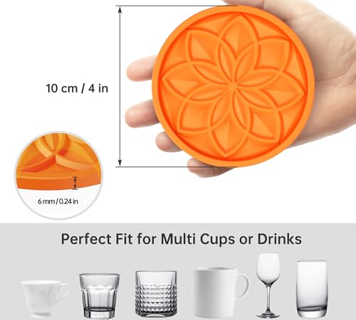 HFHOME Silicone Coasters Set with Holder - 6 Pack Drink Coasters for Coffee Table, Bar Tabletop Protection - Orange - color: Orange