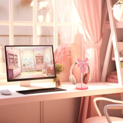 Kingdder Pink Bow Headphone Stand Cute Wood Headphone Stand Adorable Headset Holder Accessories Gamer Gifts for Teenage Women Teacher Girlfriend Office Worker Wife Gamer Room Decor Office Desk - style: Pink Bow
