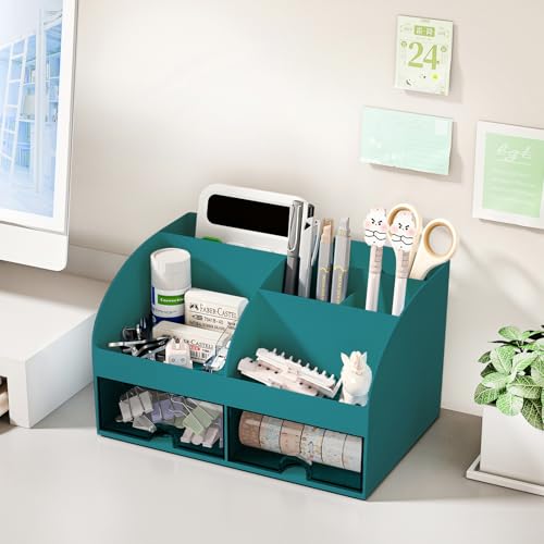 COMFYROOM Desk Organizer with 6 Compartments and 2 Drawers, Plastic Makeup Organizer, Pen Holder for Desktop Storage, Desk Organization for School, Home, Office Supplies (Dark Green) - color: Dark Green