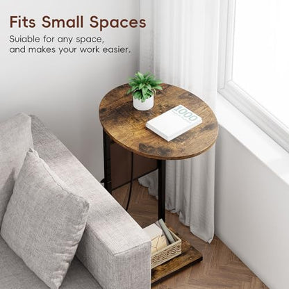 Vagusicc C Shaped End Table with Charging Station, Adjustable Height Side Table for Couch, 32" Tall End Table Small Couch Side Table, Slide Under Sofa TV Tray Snack Arm Tables for Living Room, Brown - color: Rustic Brown, style: Charging Station