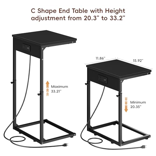Vagusicc C Shaped End Table with Charging Station, Adjustable Height Side Table for Couch,Small Side Table Small Spaces, 33.2'' Tall Couch Tables that Slide Under, Tv Tray Table for Living Room, Black - color: Black (1 Pack), style: With Plug