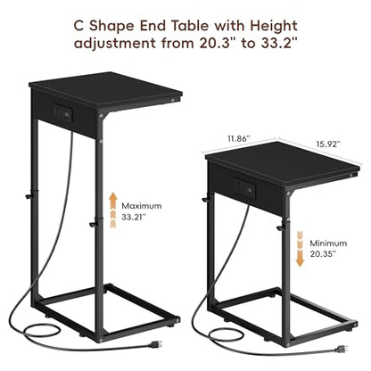 Vagusicc C Shaped End Table with Charging Station, Adjustable Height Side Table for Couch,Small Side Table Small Spaces, 33.2'' Tall Couch Tables that Slide Under, Tv Tray Table for Living Room, Black - color: Black (1 Pack), style: With Plug