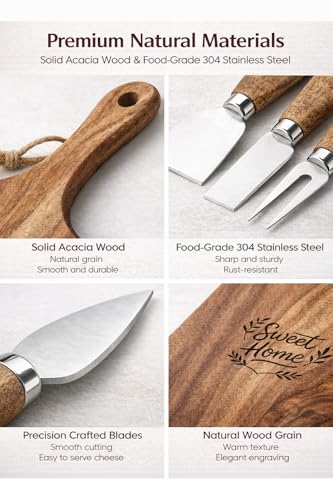 100% Acacia Wood Charcuterie Board Gift Set with Handle & 4 Cheese Knives | Natural Wood Grain | Smooth Polished Finish | Charcuterie & Cheese Board |Hosting & Everyday Serving |Premium Gift Box - size: 15.7