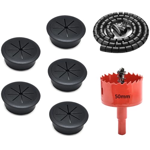 Surf turtle 5 Pack 2 Inch Black Desk Grommets, Flexible Cable Cord Hole Cover with Bi-Metal Hole Saw Kit, 2m Cable Sleeve and Coiled Cord Wrap for Desktop Wire Management - color: Black-M Set, size: 50mm