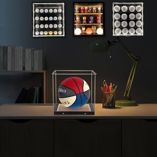 Basketball Display Case with LED Light Clear Acrylic Basketball Display Box, Display Holder for Autographed Basketball, UV Protection Dust Proof Memorabilia Display Case - size: 11.2"x11.2"x11"