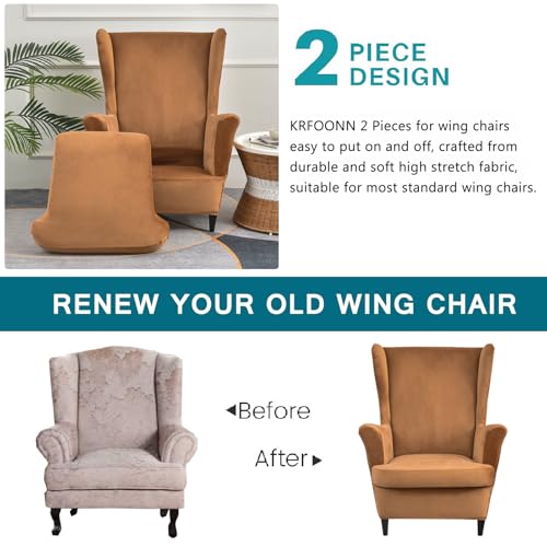 KRFOONN Wingback Chair Cover Slipcovers 2 Piece Stretch Velvet Plush Wing Chair Covers Slipcovers Wingback Sofa Covers Armchair Covers Furniture Protector for Living Room, T14 - color: Color T14