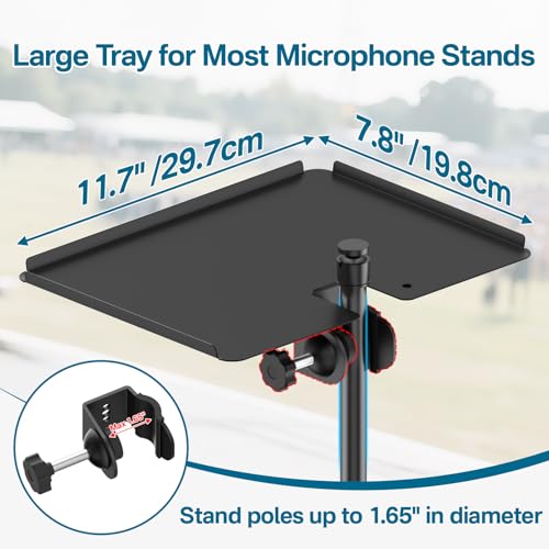 Metal Microphone Stand Tray with Mic Stand Phone Holder - 11.7" x 7.8" Functional Large Mic Stand Tray Shelf for Studio, Concert, Karaoke Clamp on Music Stand Shlef Attachment - size: Metal Large Tray