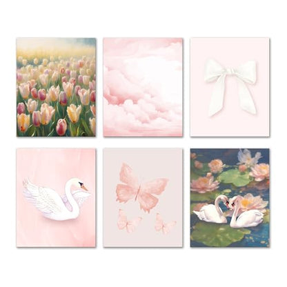 Isfvqyub Preppy Light Pink Flower Wall Art, Aesthetic Coquette Pastel Swan Poster For Girl Women, Trendy Girly Bow Butterfly Wall Decor For Bedroom Dorm College Nursery, Set Of 6 -A13 - size: Pastel Swan