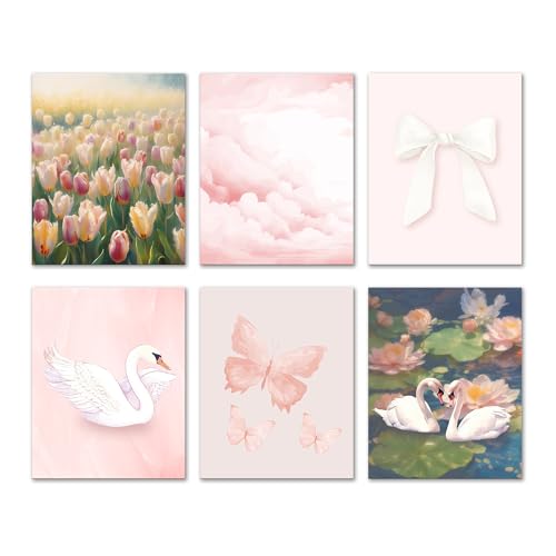 Isfvqyub Preppy Light Pink Flower Wall Art, Aesthetic Coquette Pastel Swan Poster For Girl Women, Trendy Girly Bow Butterfly Wall Decor For Bedroom Dorm College Nursery, Set Of 6 -A13 - size: Pastel Swan