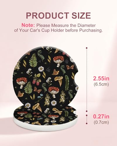 Swooflia Car Coasters for Women - Mushroom Car Cup Coasters Absorbent Cup Holder Coasters for Car 2 Pcs Ceramic Car Cupholder Coaster with Cork Base Car Interior Accessories - color: Black Mushroom Design