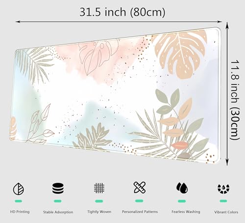 Pastel Boho Leaf Desk Mat Aesthetic Gaming Mouse Pad XL Large Extended Desk Pad Anime Desk Matt for Desktop, Laptop Computer Keyboard and Mouse Mat for Women Office Decor Accessories 31.5x11.8 in - color: Pastel Boho Leaf, size: 31.5" x 11.8"