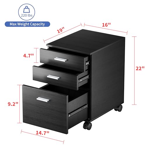 3 Drawer File Cabinet with Wheels,Pre-Assembled Wood Organizer for Home Office,Mobile Printer Stand Storage,19" L x 16" W x 22" H (Black) - color: Black
