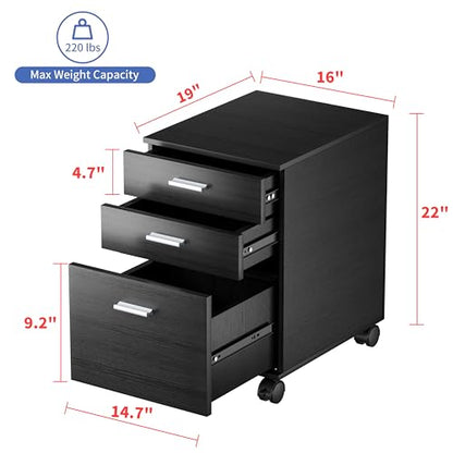 3 Drawer File Cabinet with Wheels,Pre-Assembled Wood Organizer for Home Office,Mobile Printer Stand Storage,19" L x 16" W x 22" H (Black) - color: Black