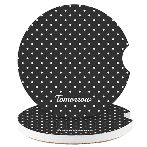 Cute Fashion Polka Dot Car Coasters 2 Pack for Cup Holders, 2.56 Inch Finger Notch Retro 70's Style Ceramics Heat Resistant Anti Slip Cork Base Car Drinks Coasters Auto Accessories-Black - color: Black