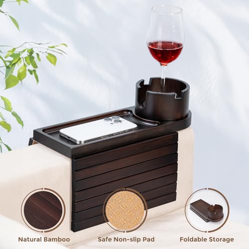 Couch Cup Holder for Armrests Over 4.9" Wide, Bamboo Couch Arm Tray with 360° Rotating Phone Stand, 3 in 1 Foldable Sofa Arm Tray Table for Remote, Snacks, Phone, Drinks Walnut - color: Walnut+bamboo