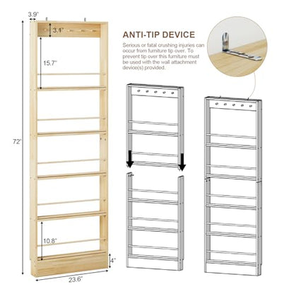 Wooden Wall Mounted Bookshelf, 5 Tier Storage Shelf with Anti Tip Device, Space Saving Organizer with Built in Hooks and Raised Edges for Living Room Bedroom Home Office