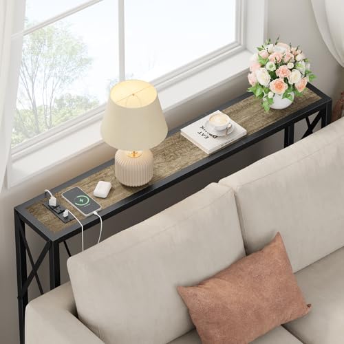 Gewudraw 41.7" Console Table, Narrow Behind The Couch Table with Outlet, Industrial Skinny Sofa Table for Hallway, Entryway, Living Room,Walnut - color: Light Grapefruit, size: 41.7W