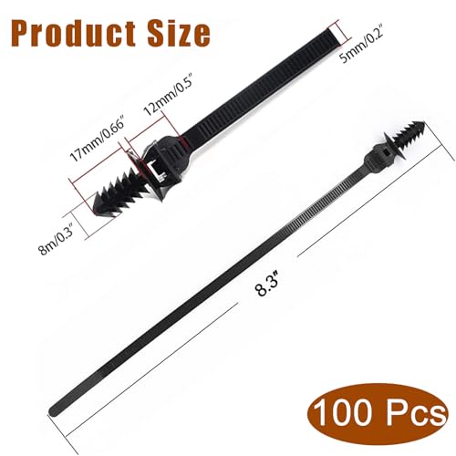 Push Mount Zip Ties, 8 inch Cable Zip Tie Black Wire Tie with Push Pin Fir Tree Zip for Indoor and Outdoor (100 Pack) - size: 8.3x0.2inch (100Pcs)
