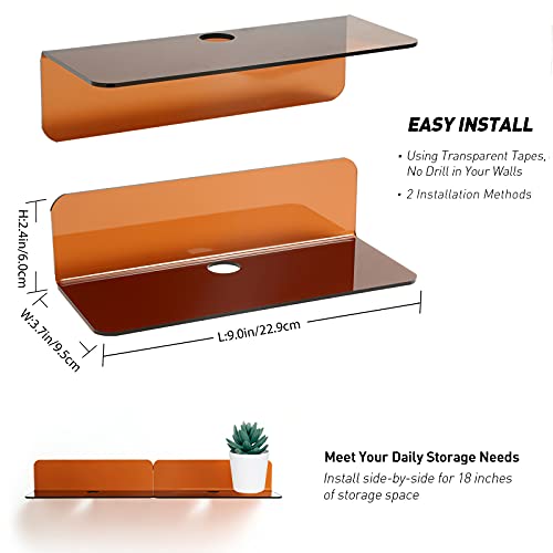 OAprire Acrylic Floating Shelves Set of 2 - Expand Wall Space - 9 Inch Small Adhesive Shelf for Bedroom, Bathroom, Kitchen, Living Room, Office with Cable Clips (Brown) - color: Brown