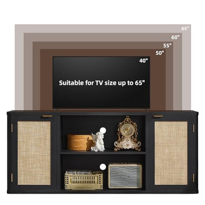 LEYAOYAO Rattan TV Stands for Living Room, Boho Entertainment Center with Storage and Open Shelf, Wood Media Console for 50-65 Inch TV, Black