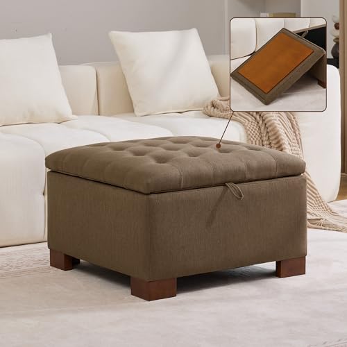 WUTUTUEE 30" Fabric Square Storage Ottoman with Wooden Tray, Modern Tufted Button Footstool Coffee Table, Upholstered Large Ottoman for Living Room, Bedroom, Brown - color: Brown, size: 30 Inch
