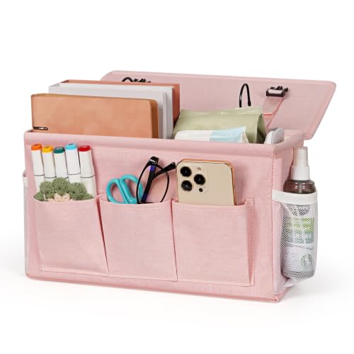 Bedside Caddy Storage Organizer for Bed Rails, Bed Caddy with 6 Pockets | Bedside Organizer with Fixed Straps and Hooks, Mattress Supported Versatile for Home, Dorm, Bunk, Hospital and Crib Bed - color: Pink 1