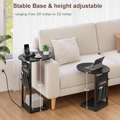 Vagusicc C Shaped End Table with Charging Station, 32" Tall Side Table for Couch and Recliner, Adjustable Height Small Couch Side Table Slide Under Sofa TV Tray Table for Living Room, Bedroom, Black - color: Black, style: Charging Station