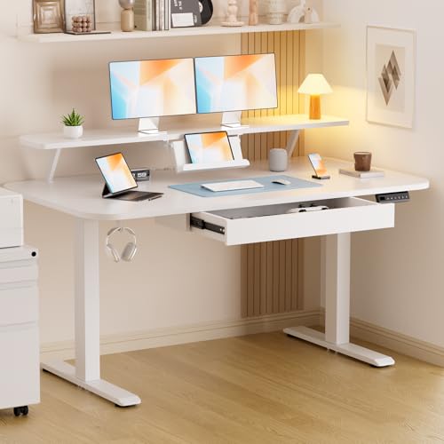 GTPLAYER Electric Standing Desk with Drawers, 55 x 24 Inches Height Adjustable Computer Desk with Monitor Stand, Laptop Stand, Sit Stand up Desk with Memory Preset for Home, Office, White - color: White, size: 55 x 24 Inches