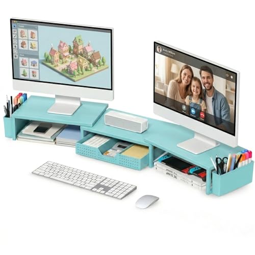 OPNICE Desk Organizers and Accessories, Dual Monitor Stand Riser with Drawer and 2 Pen Holders, Desk Shelf Metal Computer Monitor Stand for Office Workspace Organizers, Desktop Organization (Blue Metal) - color: Blue Metal